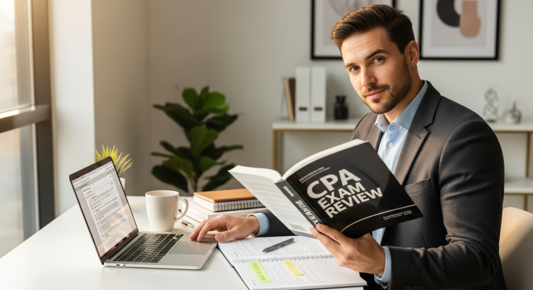 Professional accountant studying CPA exam materials on laptop with financial documents