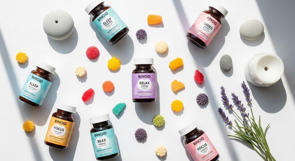 Colorful Binoid gummies arranged showing different cannabinoid formulas and potency options