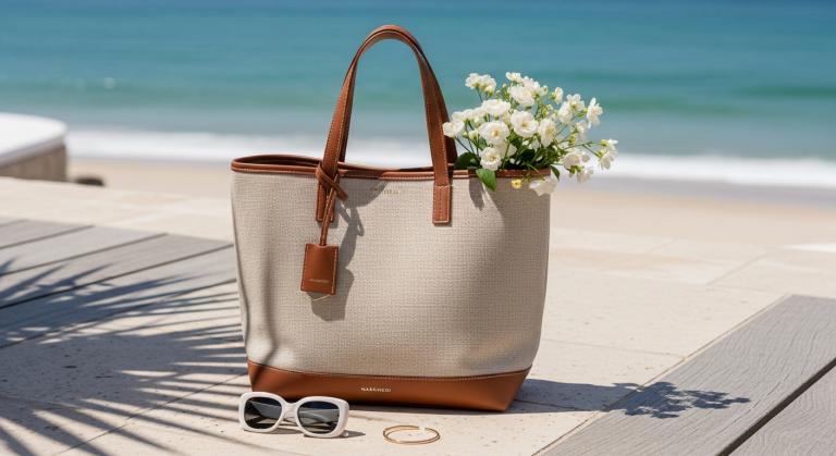 Naghedi St. Barths Medium Tote Bag in neutral neoprene with magnetic closure and handles