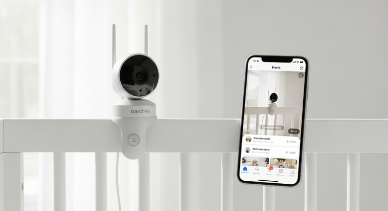 Nanit Pro Smart Baby Monitor System camera mounted above white crib in modern nursery