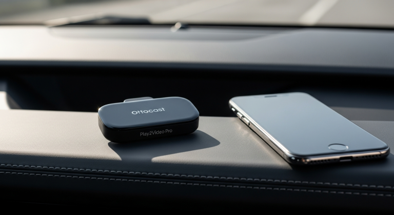 Ottocast Play2Video Pro wireless CarPlay Android Auto adapter in car dashboard