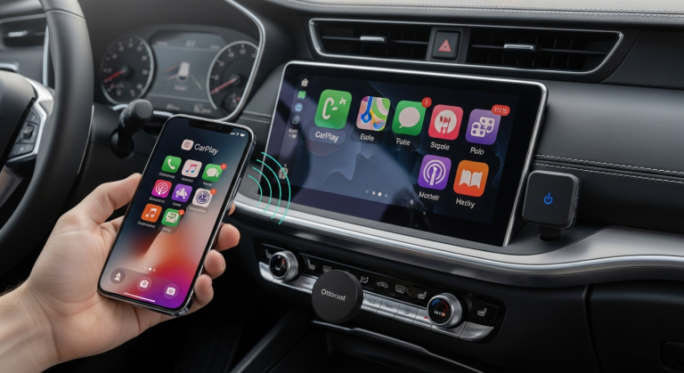 Ottocast U2AIR Pro wireless CarPlay adapter device displayed on car dashboard