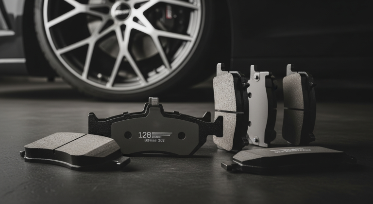 Premium ceramic brake pads displayed with rotor and installation hardware