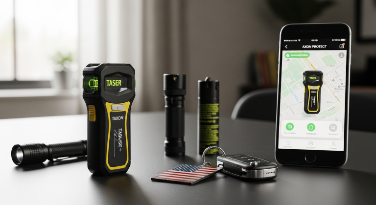 TASER Pulse+ less-lethal self-defense device with smart connectivity features displayed