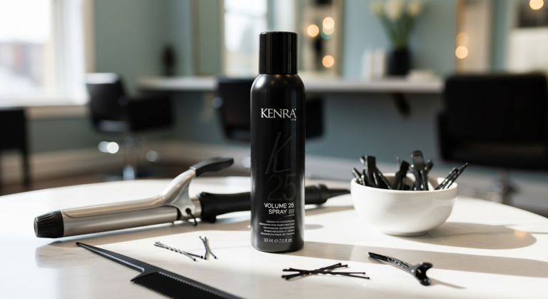 Professional stylist applying Kenra Volume Spray 25 to create volume and hold