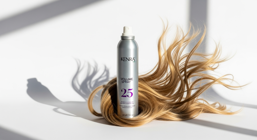 Professional stylist holding Kenra Volume Spray 25 hairspray bottle during wind and humidity testing