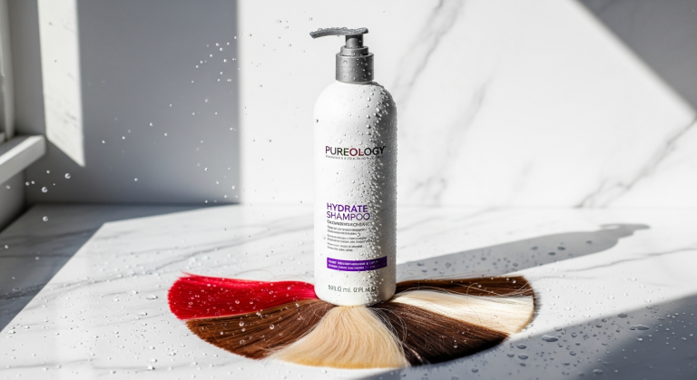 Pureology Hydrate Shampoo bottle displayed with color-treated hair strands showing moisture and vibrancy