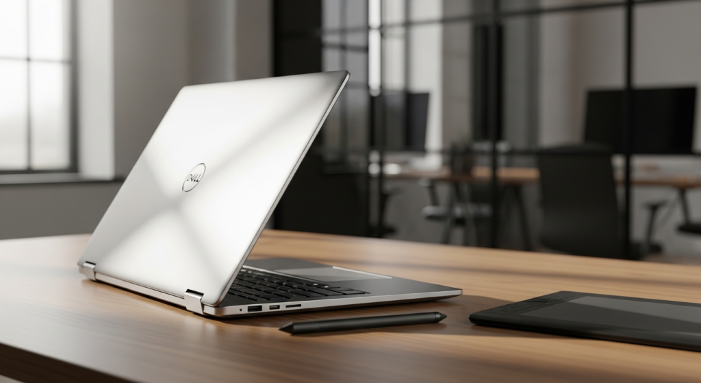Dell XPS 15 laptop with OLED display showing creative professional workspace