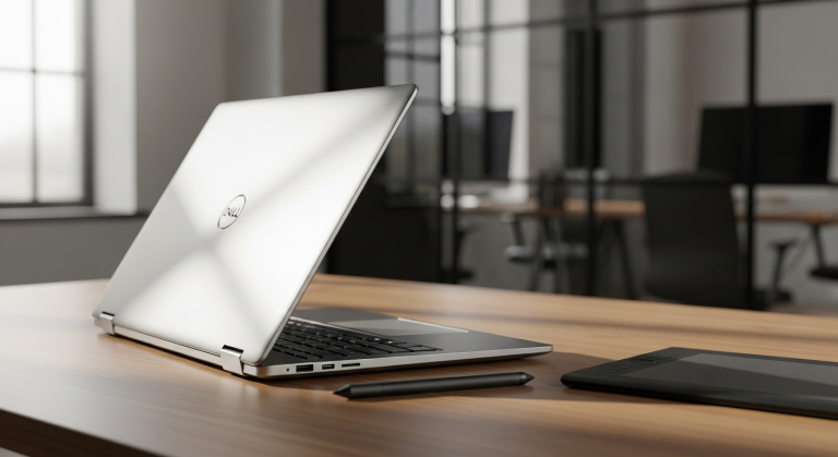 Dell XPS 15 laptop with OLED display showing creative professional workspace