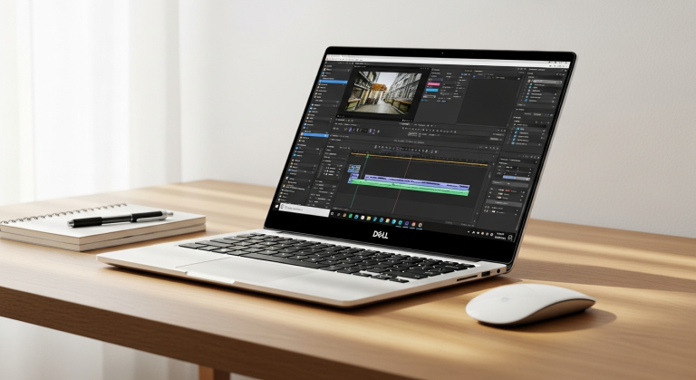 Dell XPS 15 premium laptop displaying vibrant OLED screen with video editing software interface