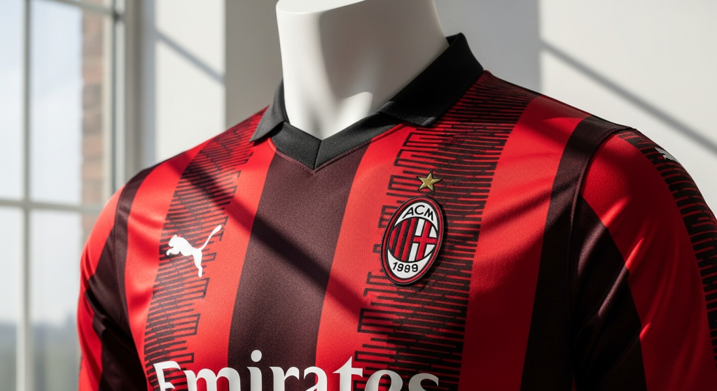 Official AC Milan red and black striped home jersey with Puma branding