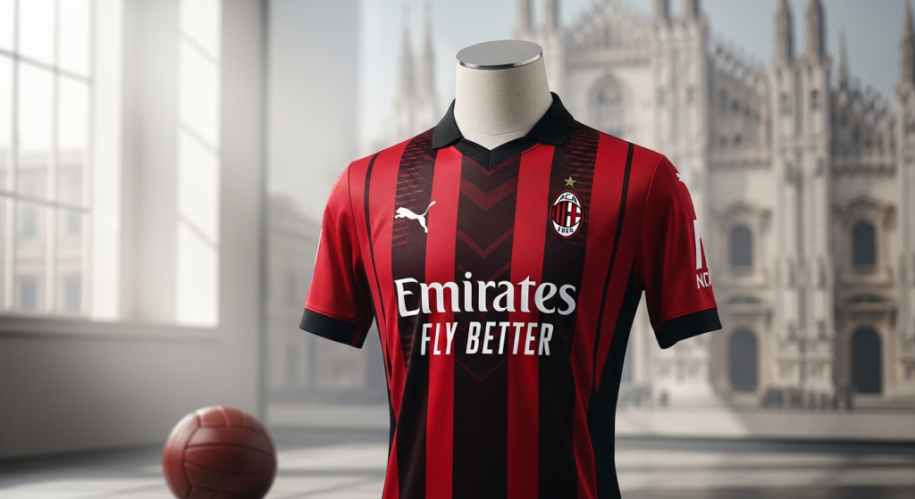 AC Milan red and black striped home soccer jersey displayed on white background
