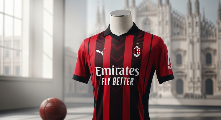 AC Milan red and black striped home soccer jersey displayed on white background