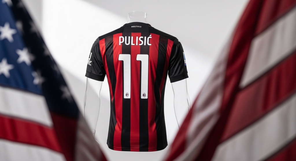 Official AC Milan home soccer jersey with Pulisic customization and Puma dryCELL technology